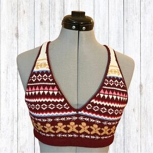 Knitty Kitty Patterned Knit Racerback Crop Top Bralette Gingerbread Man Large